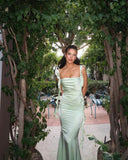 Simple Sheath Straps Sage Green Long Prom Dresses Evening Dress With Ruffles HZ1024