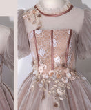 Pink tulle lace long prom dress pink lace prom gown HZ1024