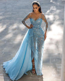 Pretty Sheath Scoop Long Sleeves Sequin Slit Prom Dress Evening Dresses HZ1024