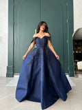 Vintage A line Off The Shoulder Navy Blue Satin Lace Long Evening Dress Prom Dresses HZ1024