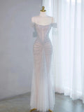 Pretty Mermaid Off The Shoulder Sequin Long Evening Dress Prom Dresses With Beads HZ1024