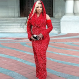 Sexy Mermaid Halter Red Sequin Long Prom Dress With Gloves HZ1024