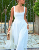 Simple A line Straps White Satin Evening Dress Ankle Length Prom Dresses HZ1024
