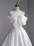 Simple A-Line Off The Shoulder Satin White Long Wedding Dresses HZ1024