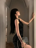 Charming Mermaid Halter Black Sequin Long Slit Prom Dress HZ1024