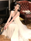 Vintage A line Straps White Long Prom Dress HZ1024