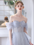 Simple A-Line Off Shoulder Tulle Sequin Gray Long Prom Dress HZ1024