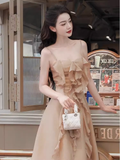 A Line Straps Sleeveless Chiffon Champagne Prom Dress HZ1024