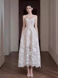 A Line Scoop Sleeveless Lace White Ankle Length Prom Dress HZ1024