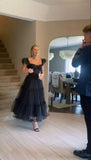 Sexy A line Straps Tulle Black Prom Dresses With Ruffles HZ1024