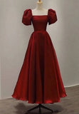 Elegant Satin A Line Ankle-length Short Sleeve Prom Dress with Ruching HZ1024
