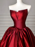 Vintage A line Strapless Burgundy Satin Long Evening Dress Prom Dresses HZ1024