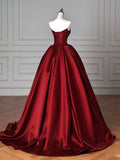 Vintage A line Strapless Burgundy Satin Long Evening Dress Prom Dresses HZ1024