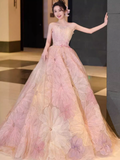 Fairytale Ball Gown Strapless Lace Pink Floral Wedding Dresses HZ1024