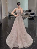 Sexy A Line Strapless Sleeveless Sequin Long Prom Dress HZ1024