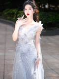 Fairytale Mermaid Straps Gray Sequin Long Evening Dress Beads Prom Dress HZ1024