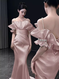 Modest Mermaid Straps Pink Satin Long Prom Dresses HZ1024