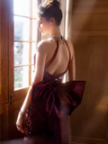 Sexy Mermaid High Neckline Sequin Burgundy Long Prom Dress HZ1024