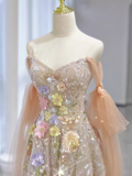 Fairytale A line Straps Floral Lace Long Evening Dress Prom Dress HZ1024