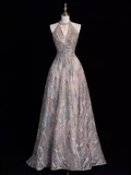 Fairytale A line High Neckline Sequin Beads Long Evening Dress Prom Dresses HZ1024