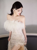 Fairytale Mermaid Strapless Sequin Beads Long Evening Dress Slit Prom Dresses With Feathers HZ1024