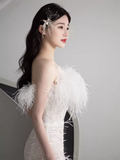 Fairytale Mermaid Strapless Sequin Beads Long Evening Dress Slit Prom Dresses With Feathers HZ1024