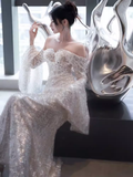 Sexy Mermaid Off The Shoulder Silver Sequin Long Prom Dress HZ1024