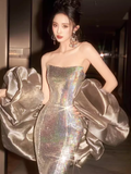 Sexy Mermaid Strapless Sequin Long Prom Dresses With Sleeves HZ1024
