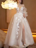 Vintage A Line Strapless Lace White Wedding Dress With Slit HZ1024