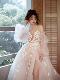 Vintage A Line Strapless Lace White Wedding Dress With Slit HZ1024