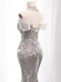 Luxury Mermaid Off The Shoulder Short Sleeves Silver Sequin Wedding Dresses HZ1024