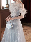 Pretty A Line Off The Shoulder Tulle Gray Long Prom Dresses HZ1024