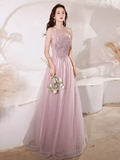 Pretty A Line High Neckline Tulle Pink Long Prom Dresses HZ1024
