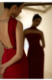 Pretty Sheath Scoop Neckline Satin Burgundy Long Prom Dresses With Ribbon HZ1024