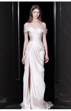 Sexy Sheath Off The Shoulder Short Sleeves White Satin Long Wedding Dresses HZ1024