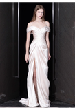 Sexy Sheath Off The Shoulder Short Sleeves White Satin Long Wedding Dresses HZ1024