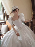 Vintage Ball Gown Square Neckline White Lace Wedding Dress HZ1024