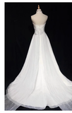 Chic A line High Neckline Backless Satin Long Wedding Dresses With Ruffles HZ1024