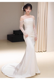 Sexy Sheath Off The Shoulder Long Sleeves Satin Long Wedding Dresses With Lace HZ1024