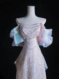 Pretty A line Off The Shoulder Pink Long Prom Dresses Sequin Birthday Outfits HZ1024
