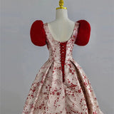 Elegant Ball Gown Puffy Sleeves Satin Red Long Prom Dresses HZ1024