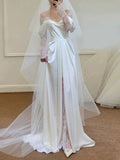 Unique Sheath Off The Shoulder Satin Long Sleeves White Slit Wedding Dresses HZ1024