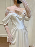 Unique Sheath Off The Shoulder Satin Long Sleeves White Slit Wedding Dresses HZ1024