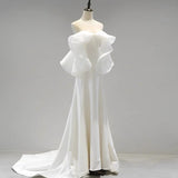 Sexy Sheath Off The Shoulder Chiffon Long White Wedding Dresses With Ruffles HZ1024