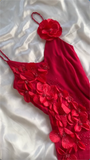 Simple A Line Spaghetti Straps Chiffon Red Prom Dress Formal Dress With Flowers HZ1024