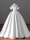 Timeless Ball Gown Sweetheart Long Puffy Sleeves Satin Wedding Dresses With Flowers HZ1024