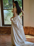 Chic A Line Strapless Sleeveless White Satin Wedding Dresses With Bow HZ1024