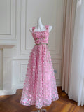 Modest A line Straps Sleeveless Pink Tulle Flowers Prom Dress Evening Dresses HZ1024