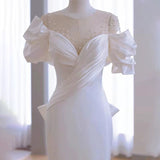 Sexy Mermaid Scoop Neckline Long White Wedding Dresses With Pearls HZ1024