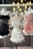 Glitter Sheath Sequins Spaghetti Straps Homecoming Dresses With Feather HZ1024